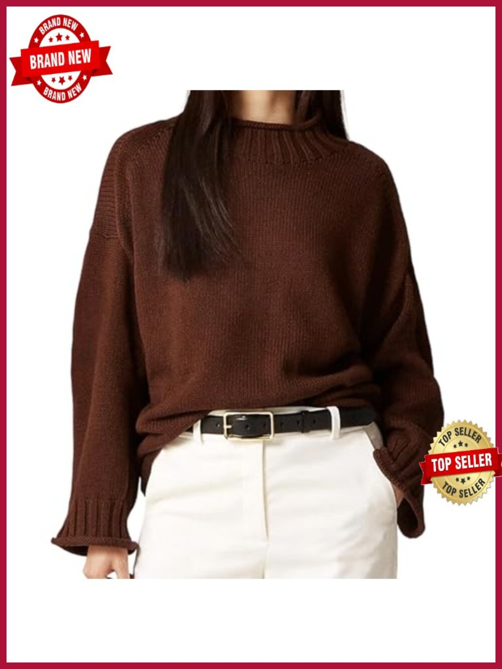 Women's Chocolate Brown Turtleneck Sweater - Classic Rib Knit